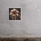 32x32" Ophelia art print by Ashley Woodson Bailey, a dahlia at the very edge of bloom, luminous in cream, blush, and the faintest violet.