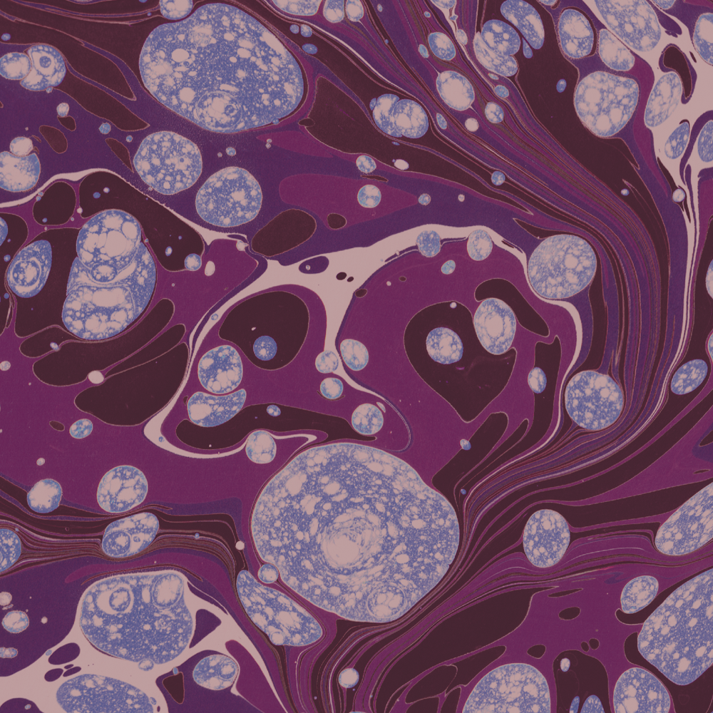 6x6" close up of Milano Christina wallpaper by Ashley Woodson Bailey, an ornate marble in periwinkle and cornflower over deep plum, moody and a little mysterious.