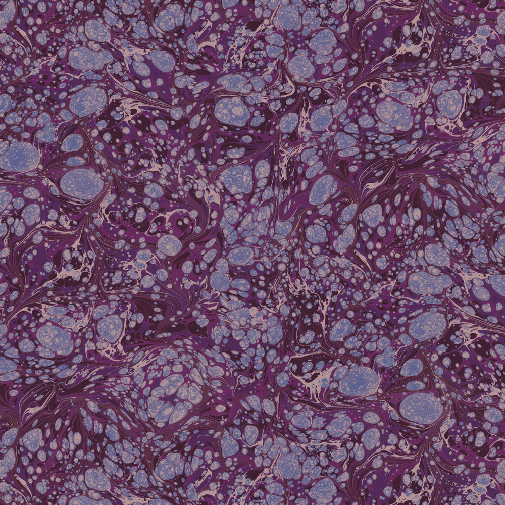 A square yard of Milano Christina wallpaper by Ashley Woodson Bailey, an ornate marble in periwinkle and cornflower over deep plum, moody and a little mysterious.
